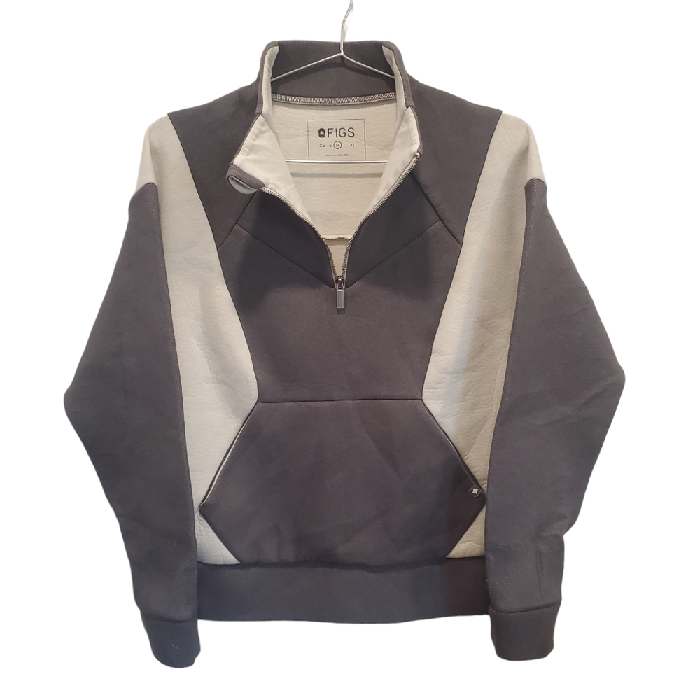 Figs Scrubs Limited Edition Gray/Cream Neoprene 1/4 Zip Pullover Sweatshirt Med